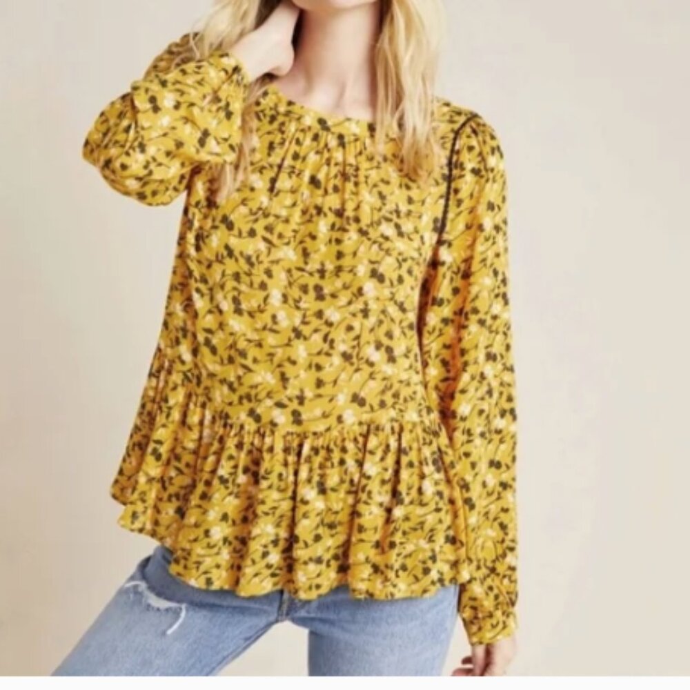 Anthropologie Maeve Cheyenne Yellow Peplum  Floral Blouse SZ S Boho CottageCore